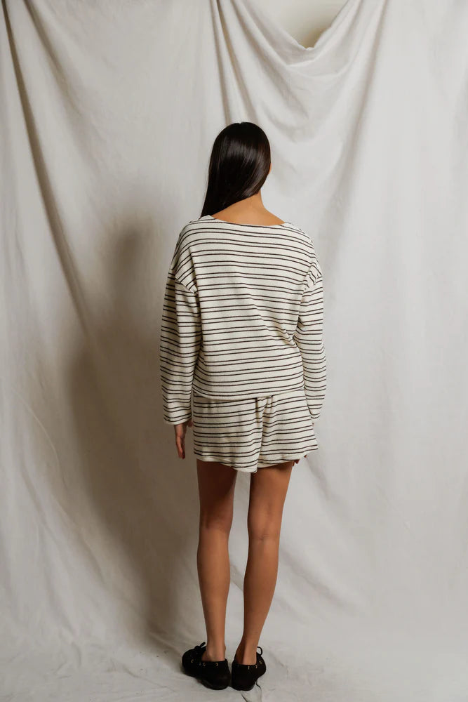 stripe terry long sleeve in cream and brown