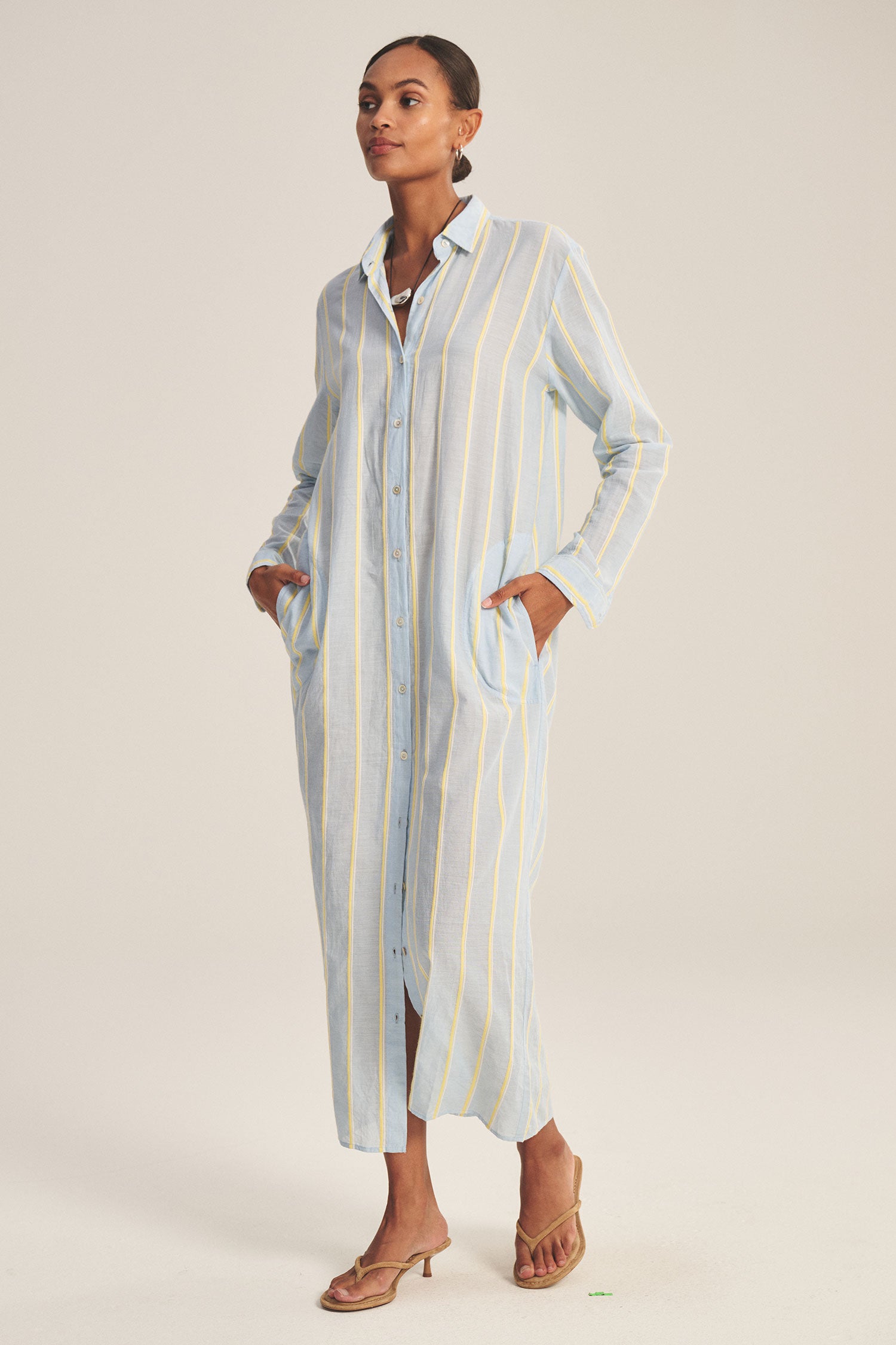 midi blouse dress in blue and yellow stripes