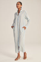 midi blouse dress in blue and yellow stripes