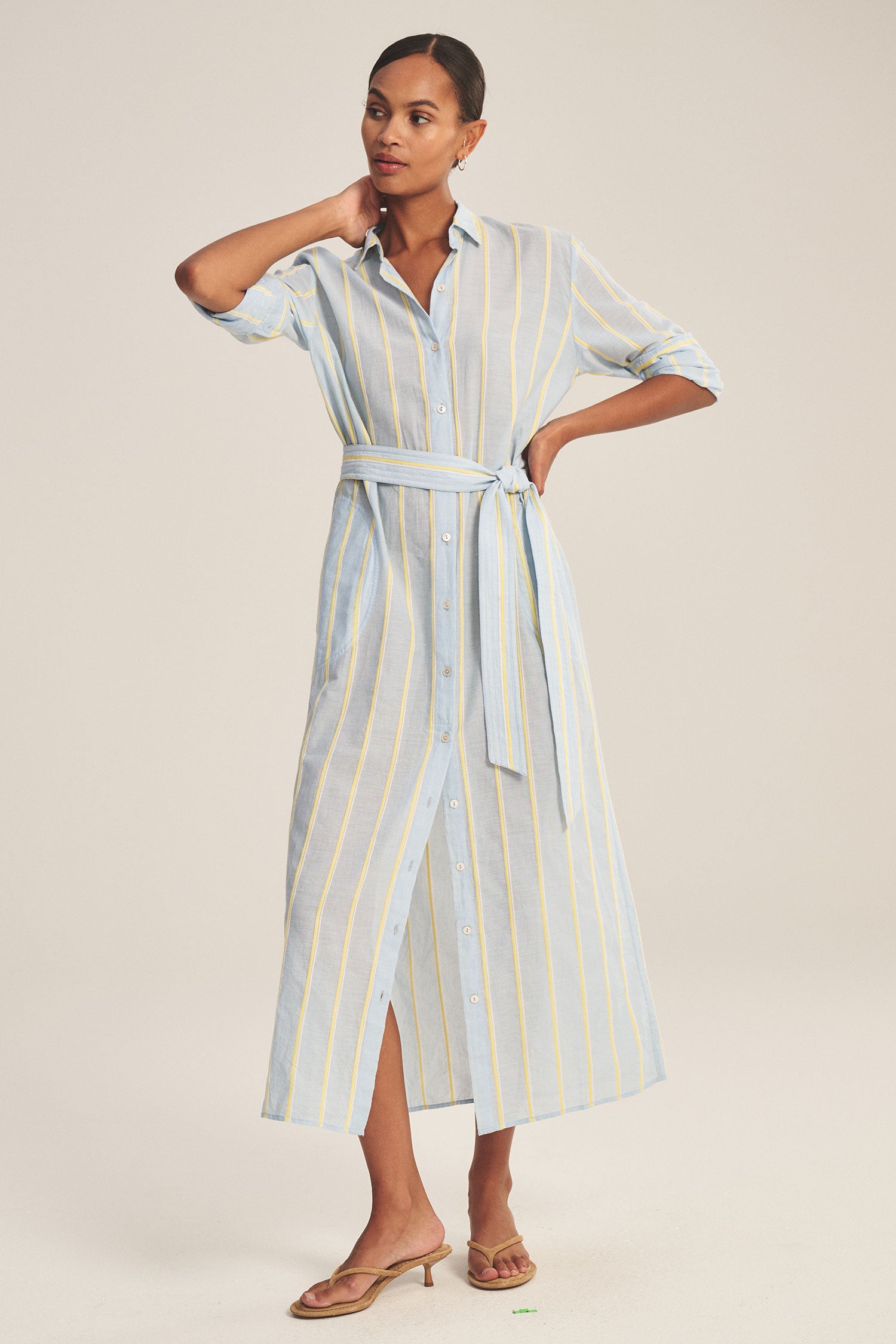 midi blouse dress in blue and yellow stripes