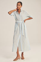 midi blouse dress in blue and yellow stripes