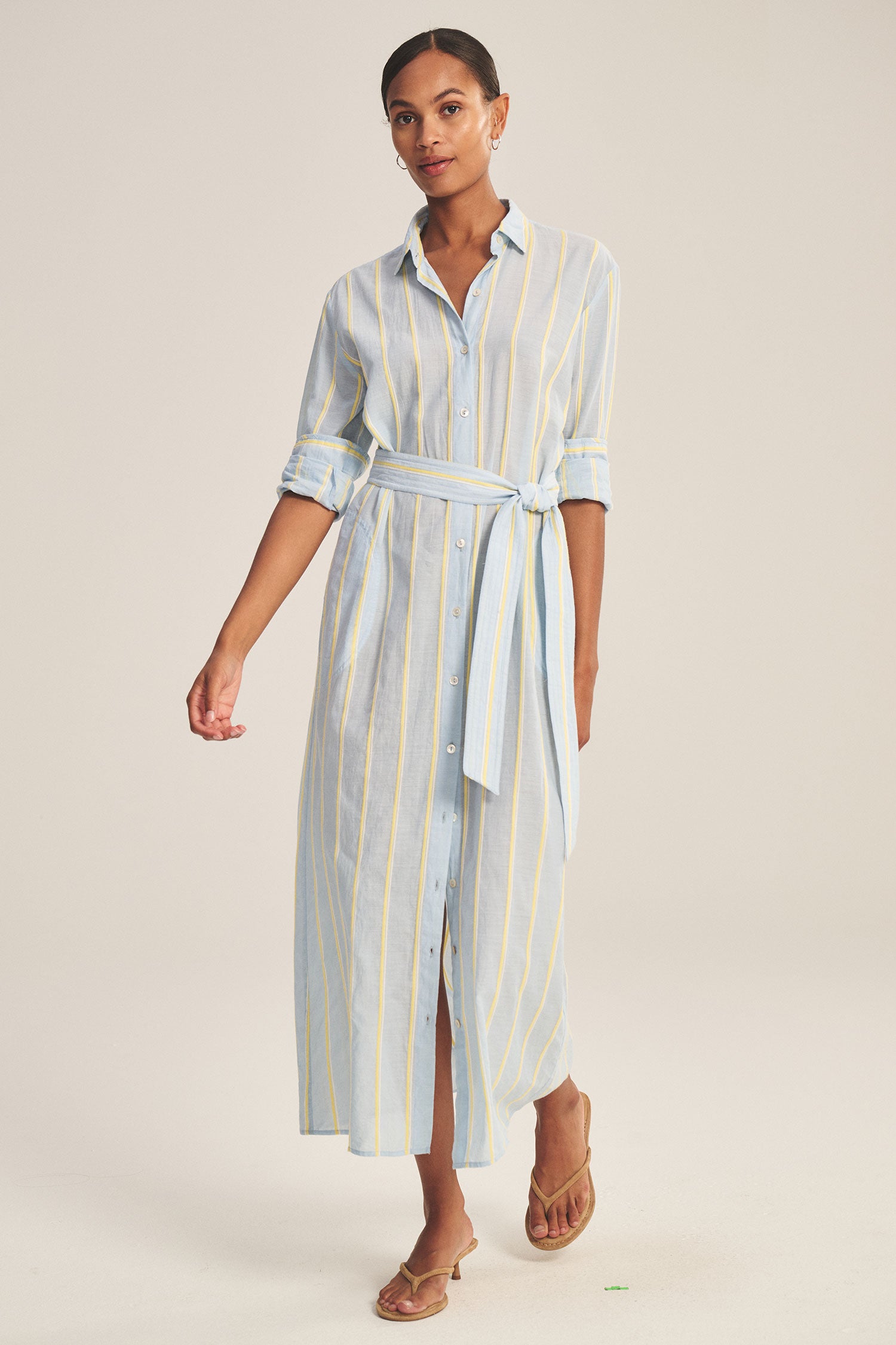 midi blouse dress in blue and yellow stripes