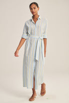 midi blouse dress in blue and yellow stripes