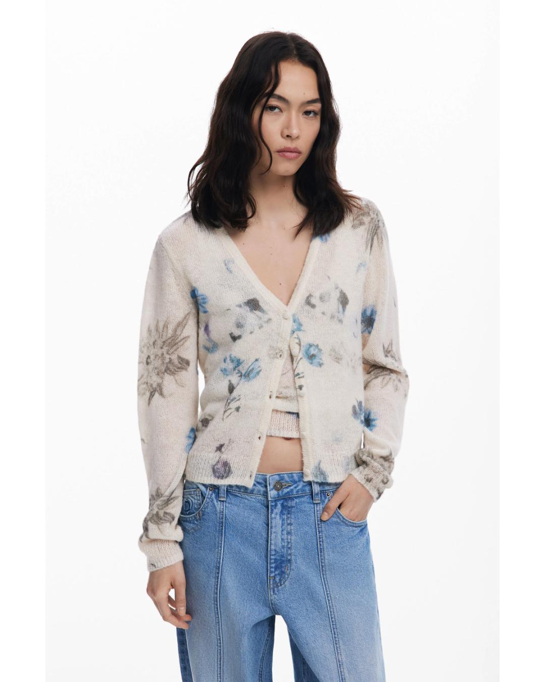 two piece cardigan and tank set in a cream with blue flowers