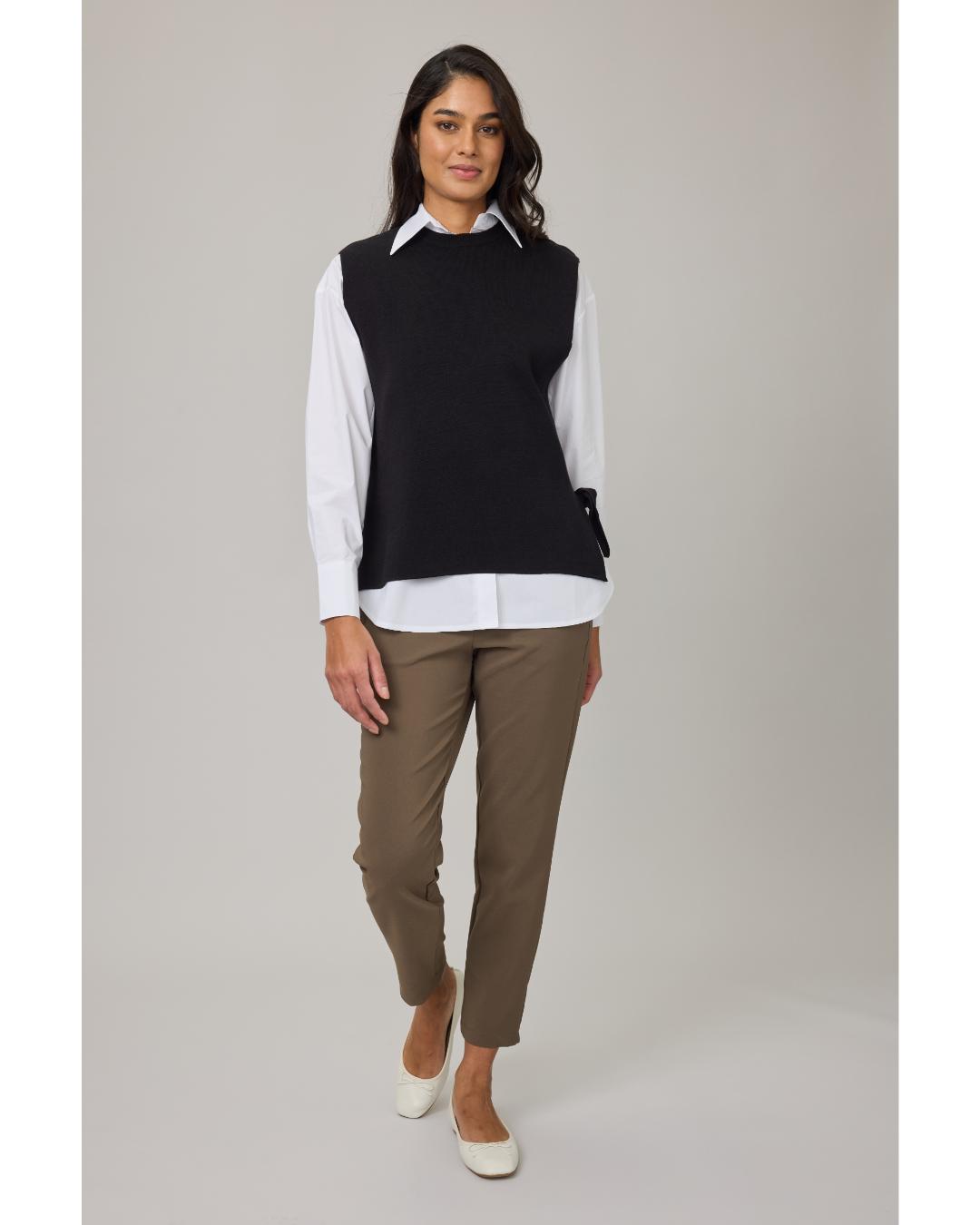 black knit vest with ties on thee sides