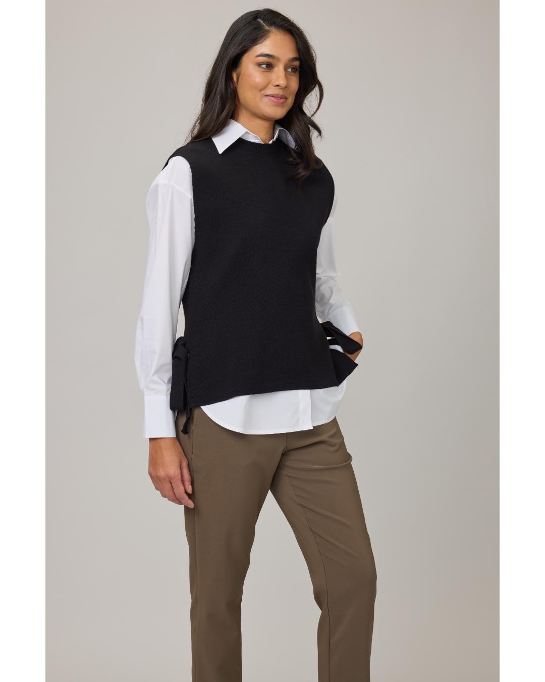 black knit vest with ties on thee sides