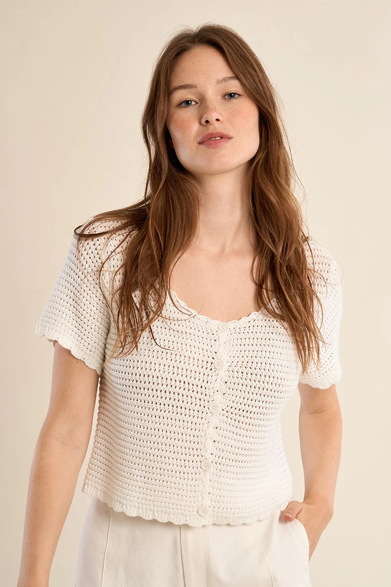short sleeve knitted top cardigan in white