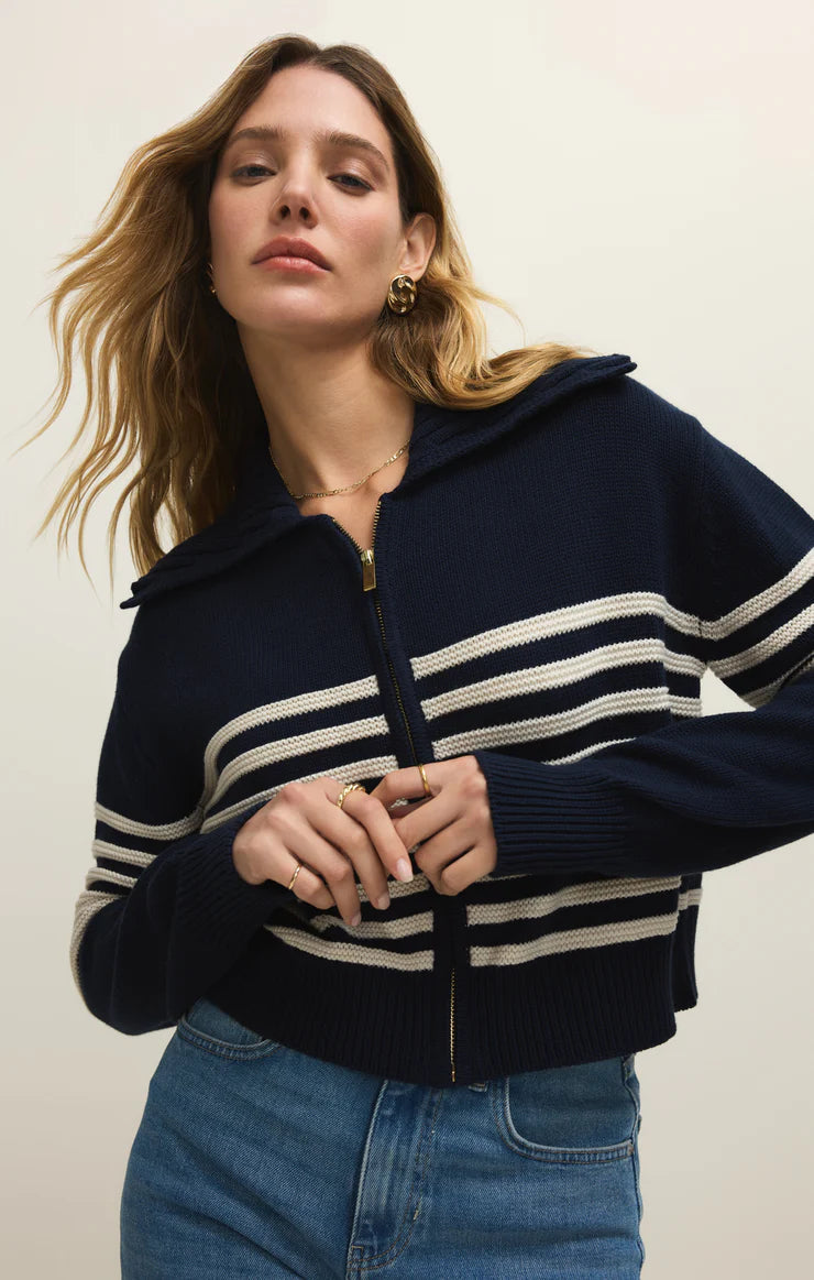 navy zip sweater with white stripes