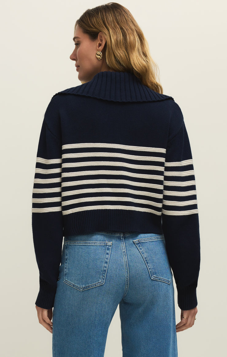 navy zip sweater with white stripes