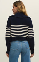 navy zip sweater with white stripes