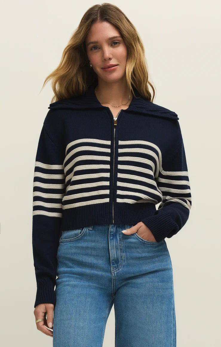 navy zip sweater with white stripes
