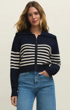 navy zip sweater with white stripes