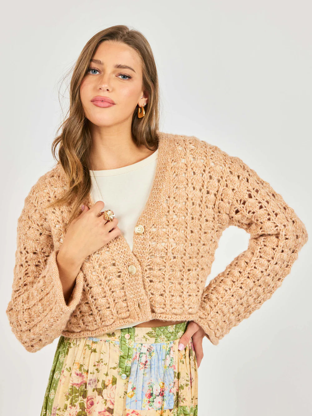 peach crochet cropped cardigan