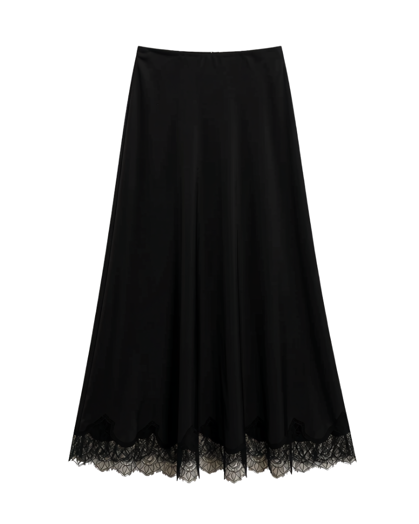 black midi skirt with lace trim