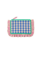 blue checkered pouch with a pink checkereed fringe 