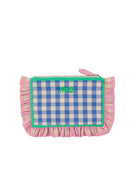 blue checkered pouch with a pink checkereed fringe 