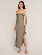midi green strapless dress with ruffle on the top and on the bottom