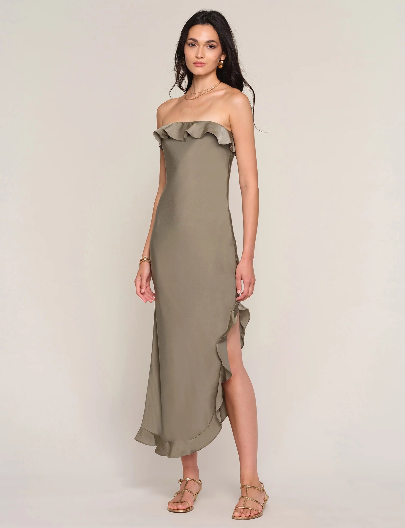 midi green strapless dress with ruffle on the top and on the bottom