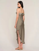 midi green strapless dress with ruffle on the top and on the bottom