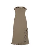 midi green strapless dress with ruffle on the top and on the bottom