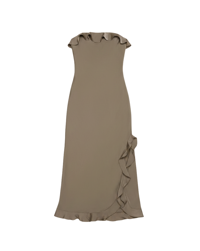 midi green strapless dress with ruffle on the top and on the bottom