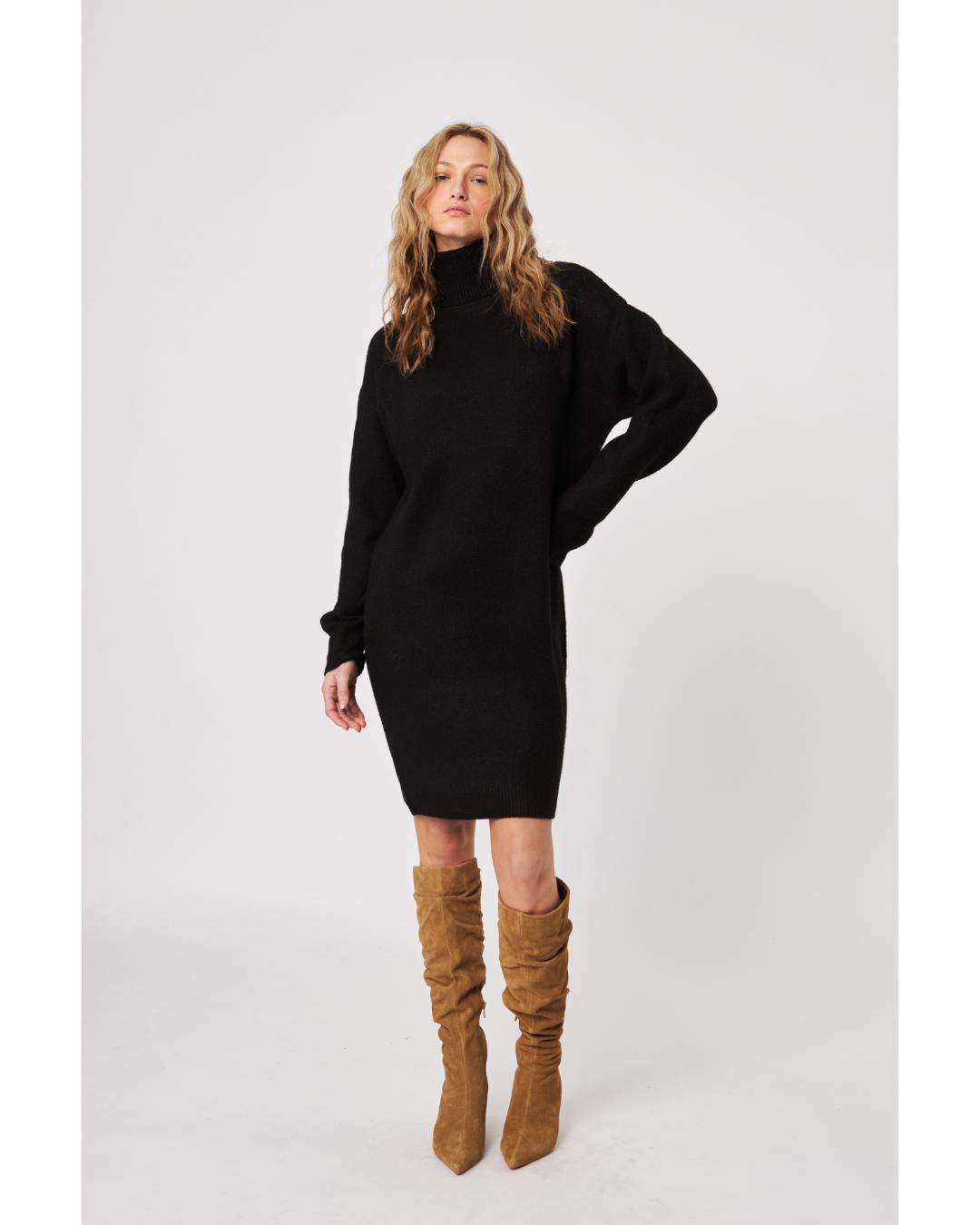 sweater dress in black with a turtleneck