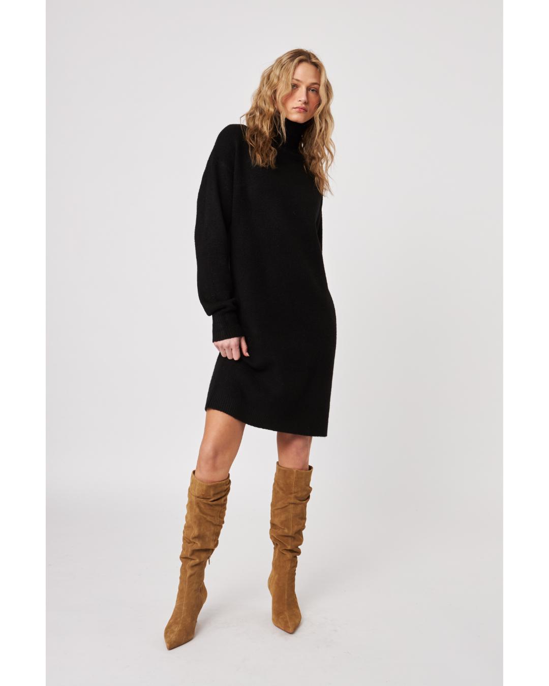sweater dress in black with a turtleneck