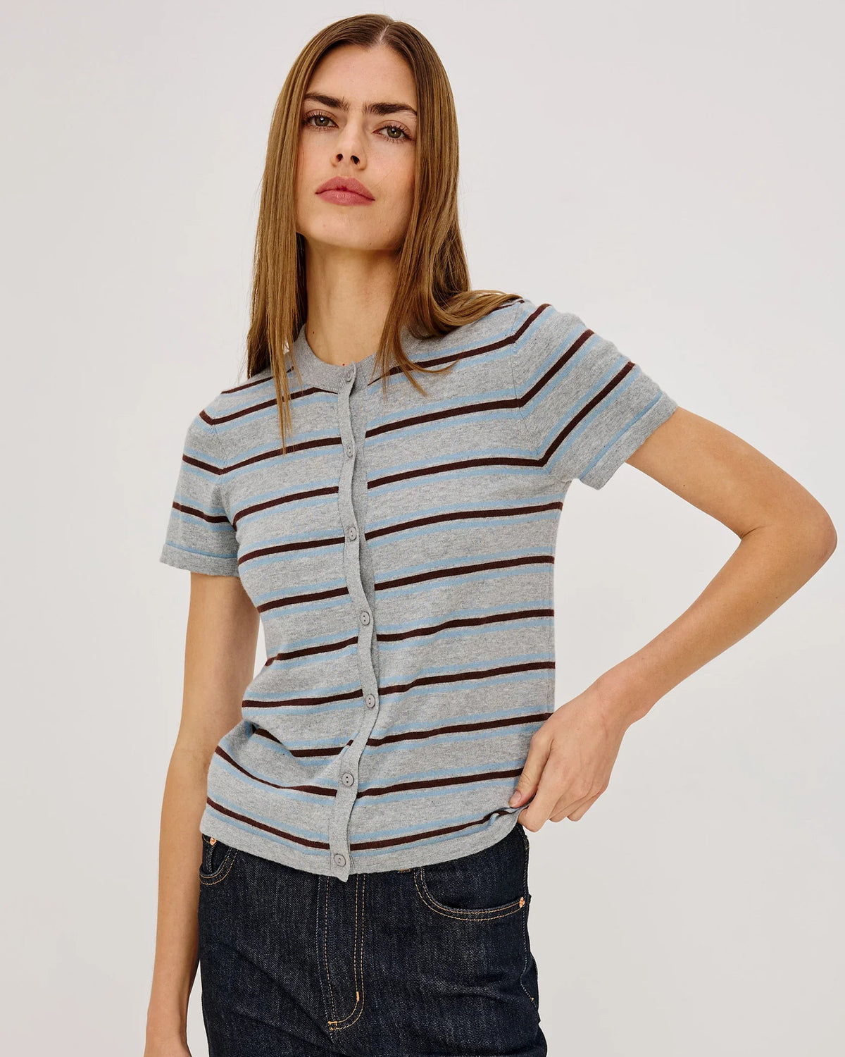 short sleeve cardigan in grey with blue and burgundy stripes