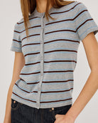 short sleeve cardigan in grey with blue and burgundy stripes