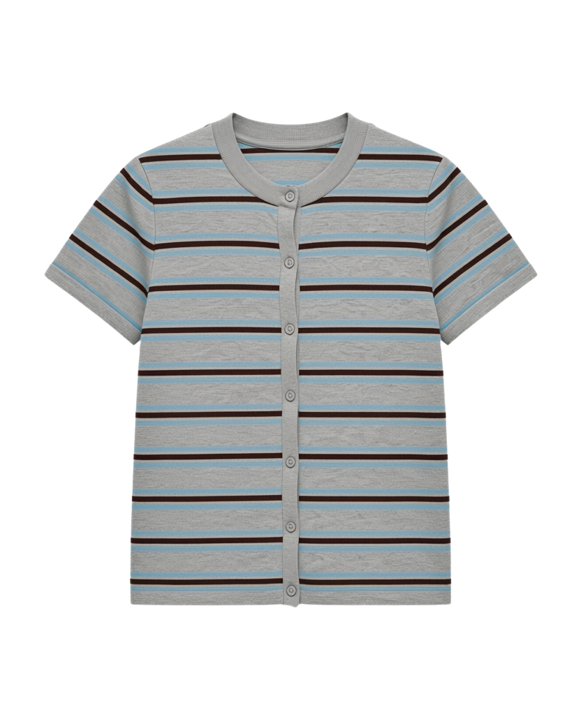 short sleeve cardigan in grey with blue and burgundy stripes