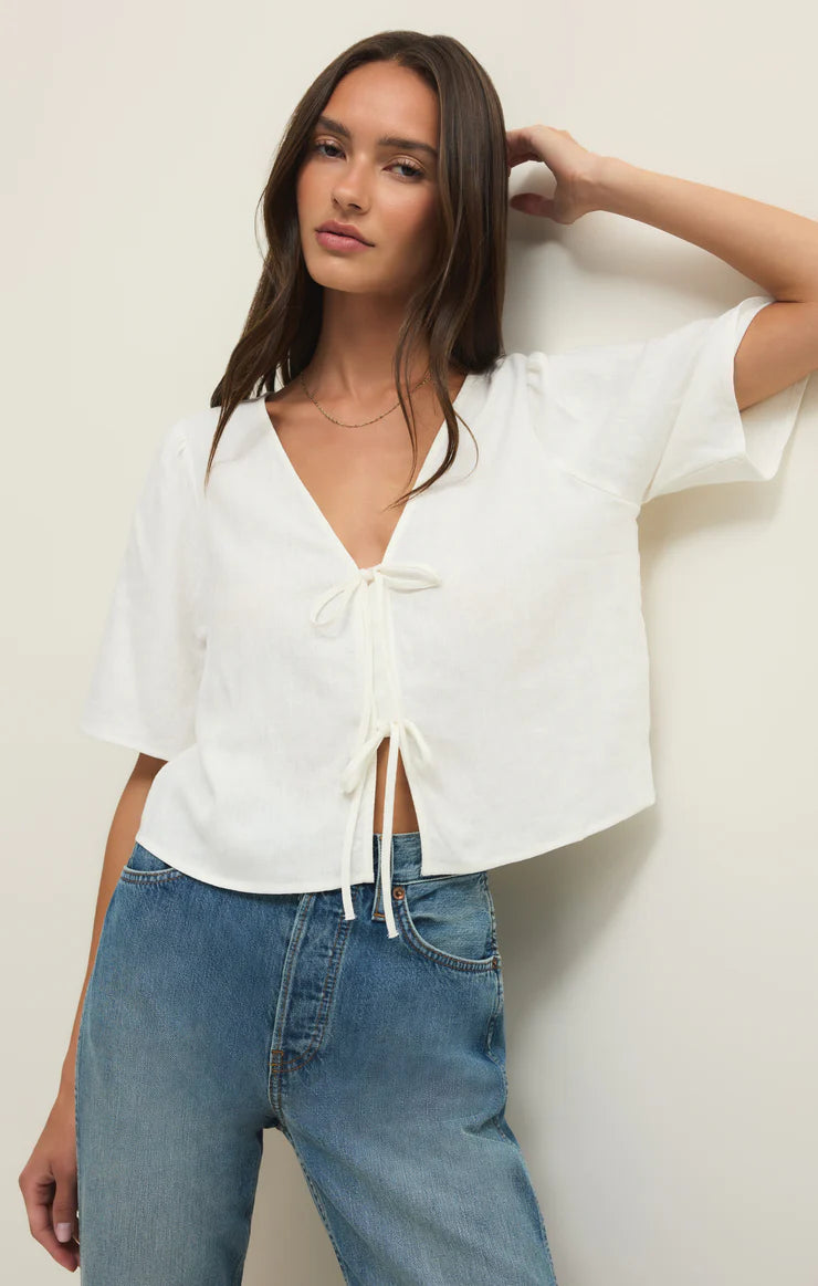 white linen short sleeve tie blouse
