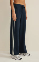 wide leg lounge pant in navy with a white stripe down the side