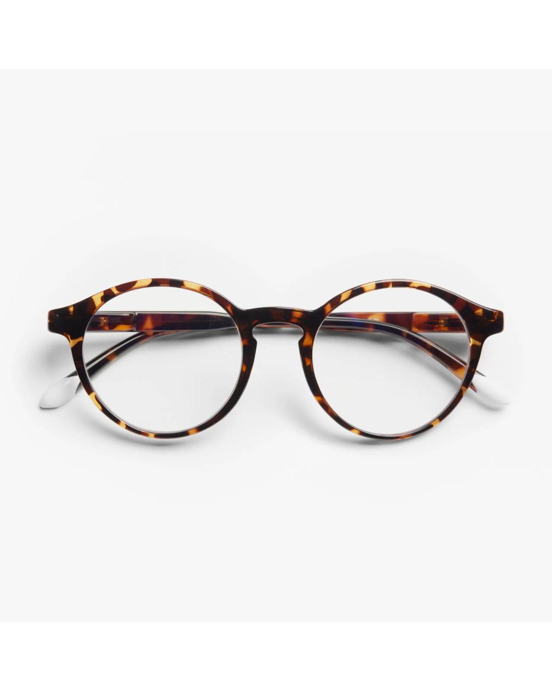 round eyeglasses with a tortoise frame