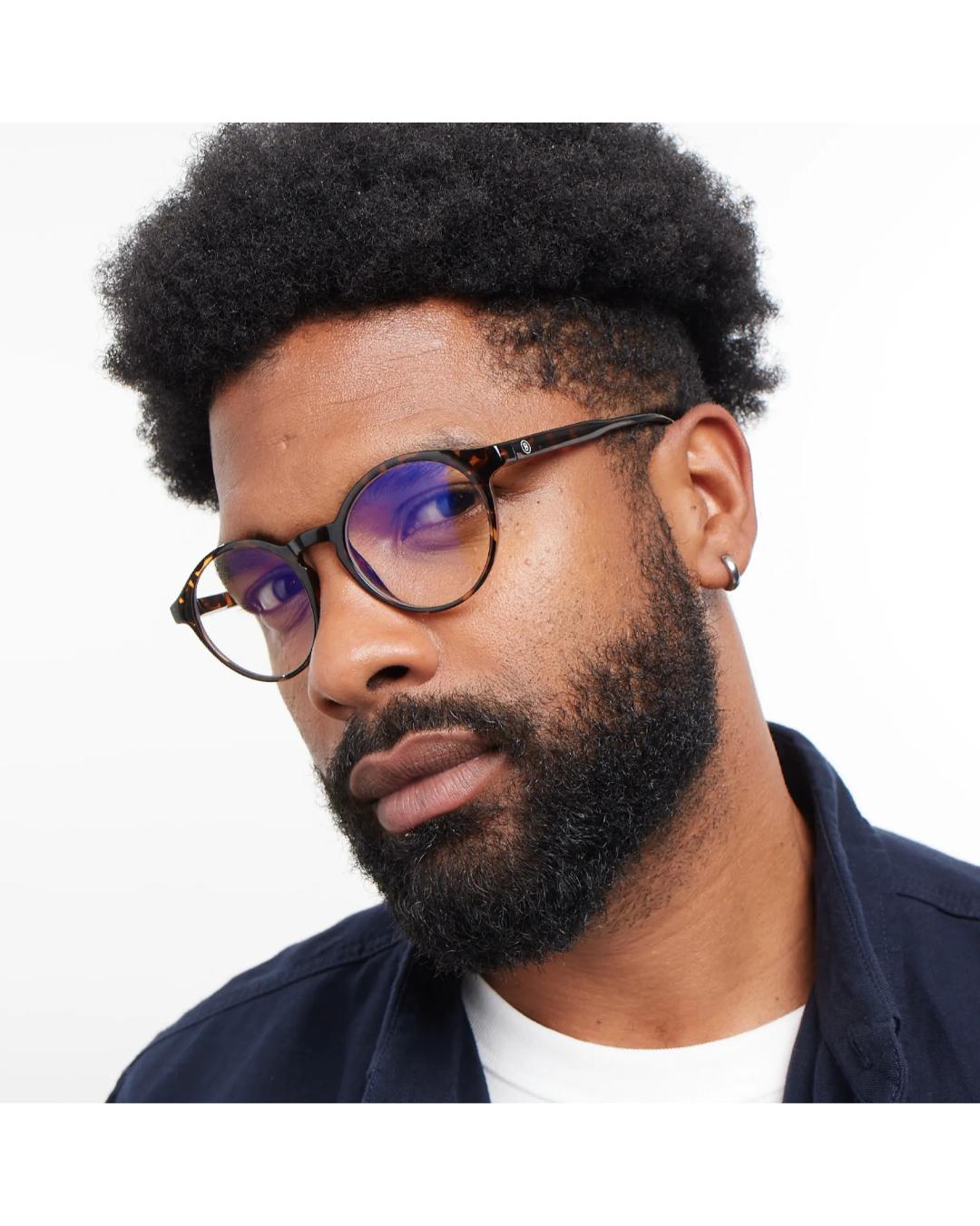 round eyeglasses with a tortoise frame