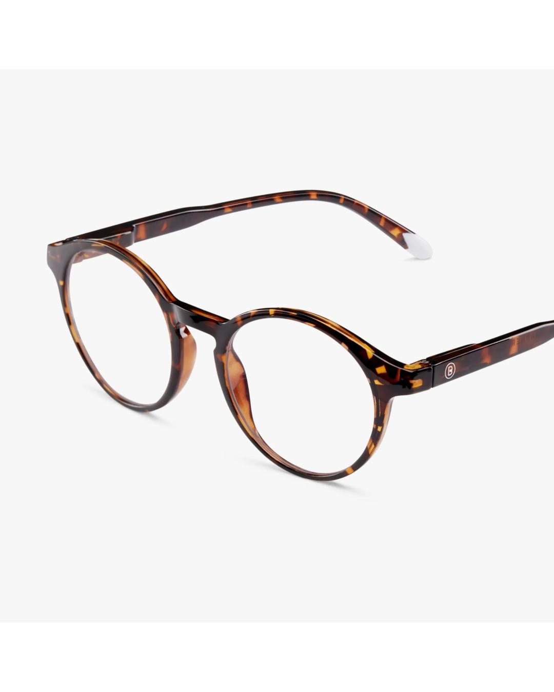 round eyeglasses with a tortoise frame