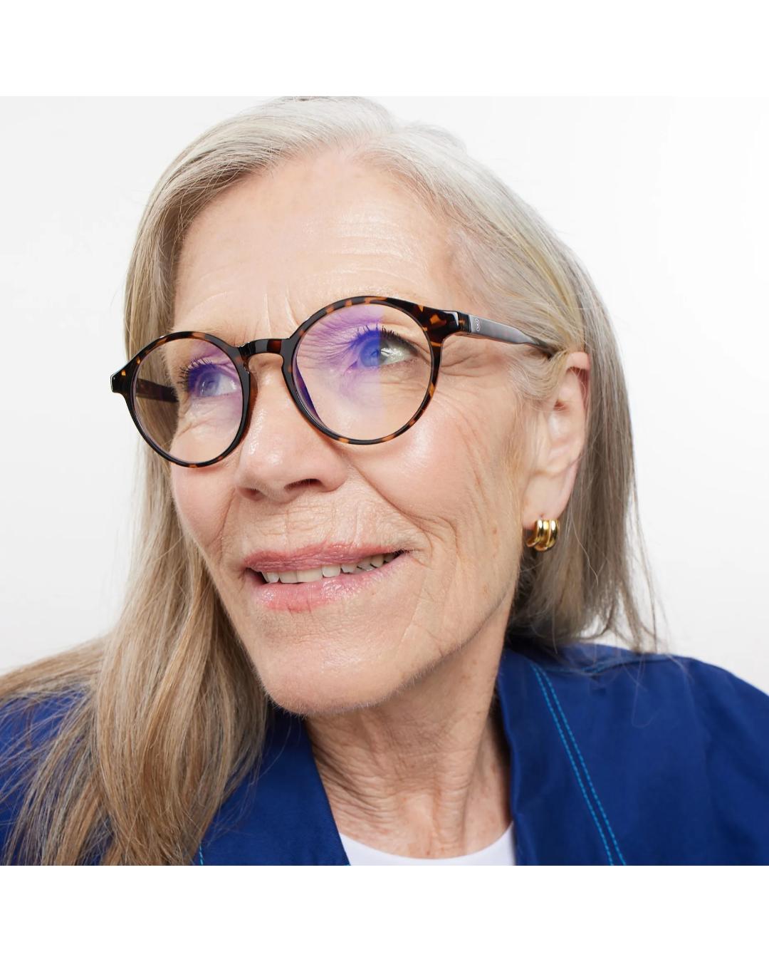 round eyeglasses with a tortoise frame
