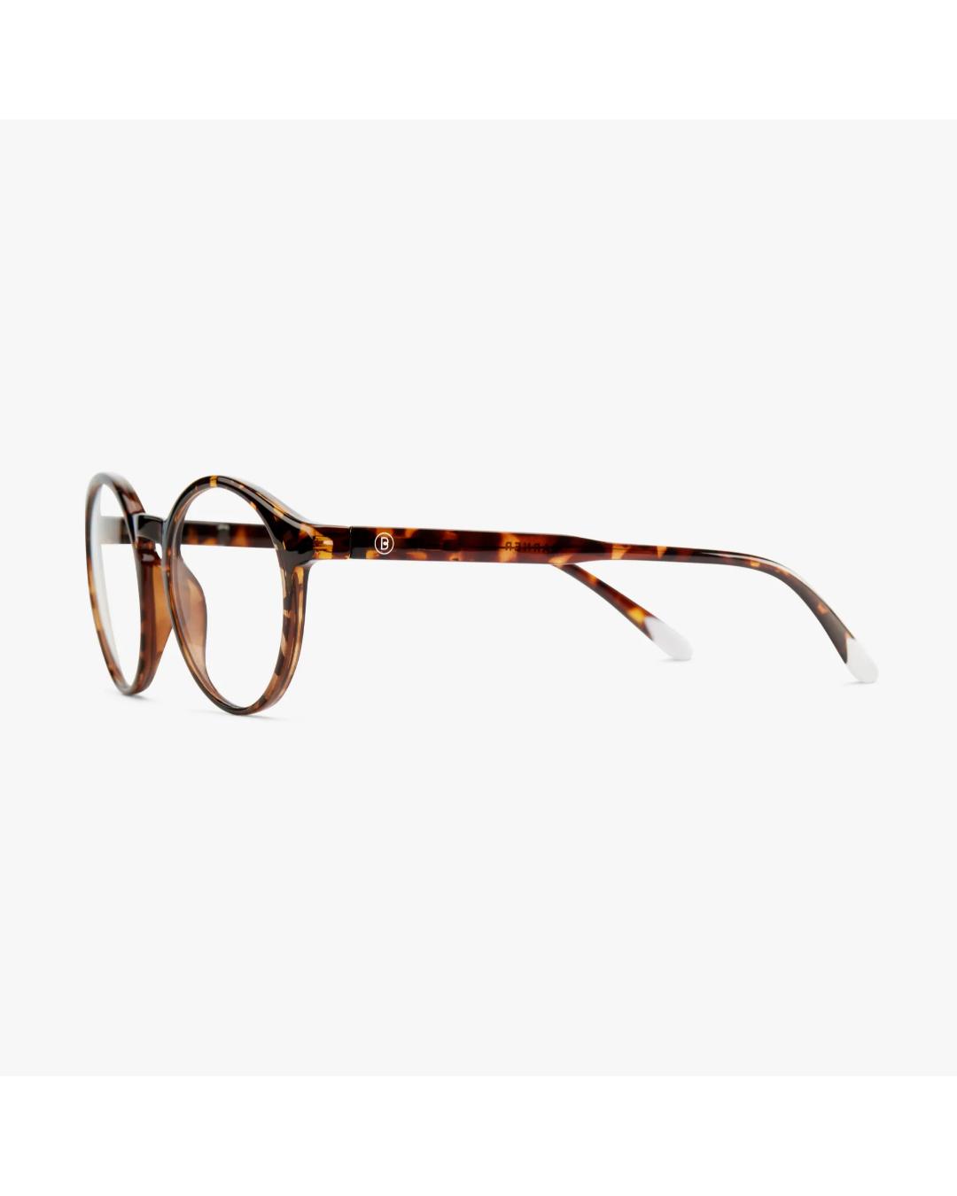 round eyeglasses with a tortoise frame