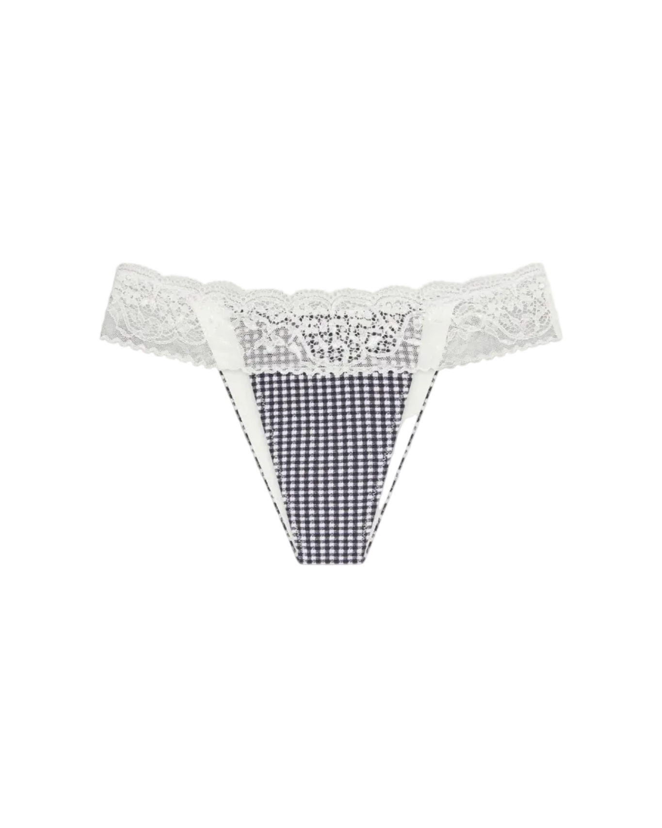 blue and white gingham bikini bottom with a lace top