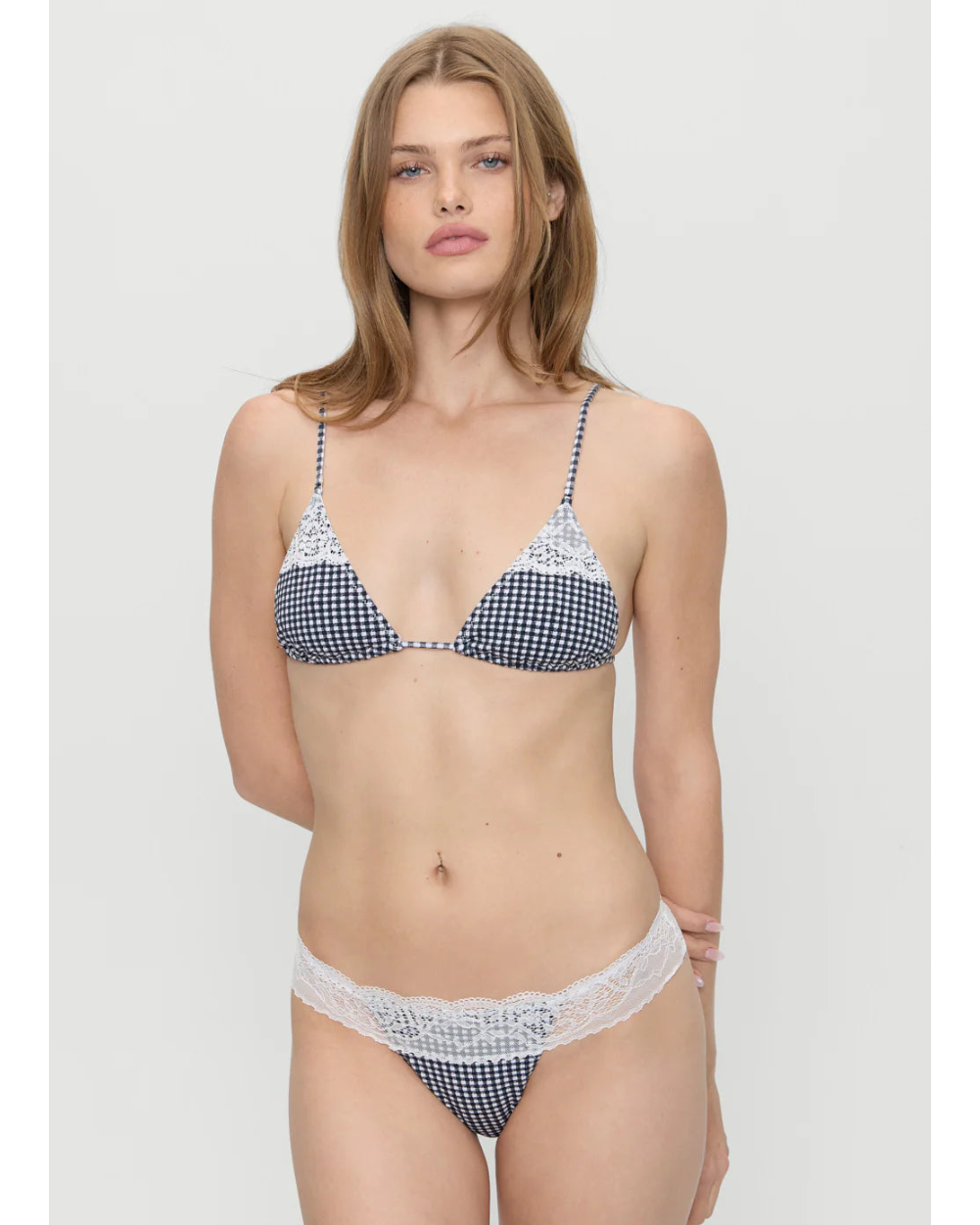 blue and white gingham bikini bottom with a lace top