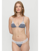 blue and white gingham bikini bottom with a lace top