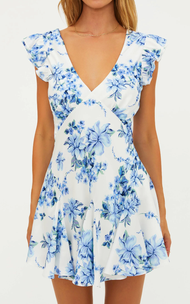 white mini dress with blue floral prints