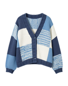 chunky knit cardigan with large checkered print in blue and white
