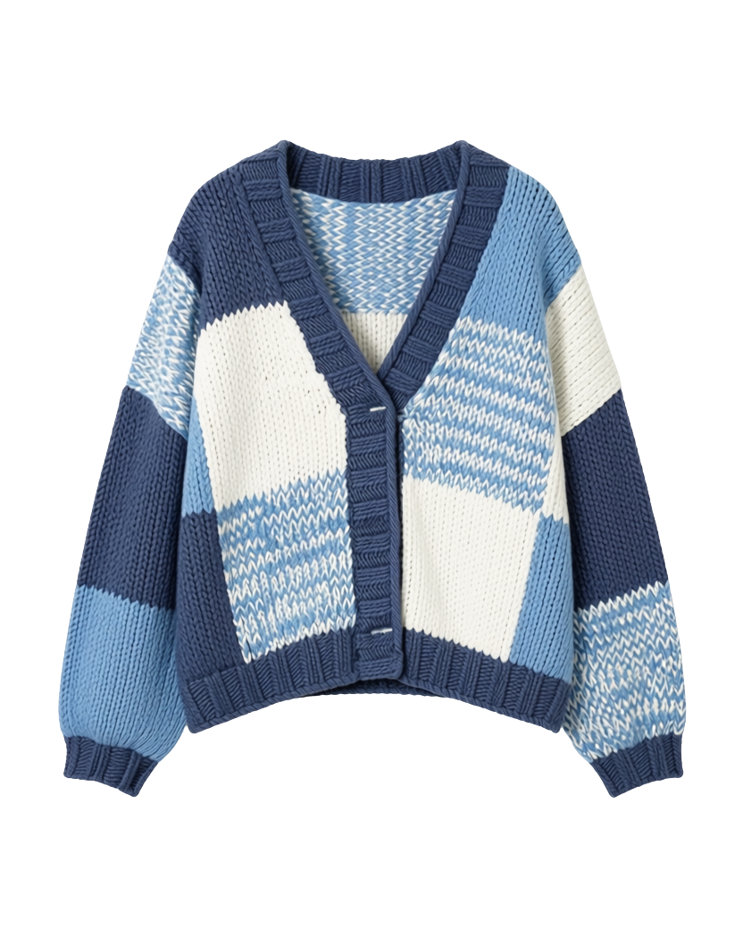 chunky knit cardigan with large checkered print in blue and white