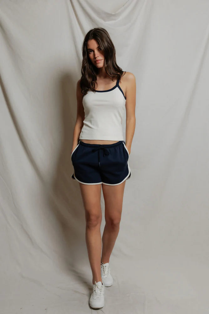 navy lounge shorts with white trim
