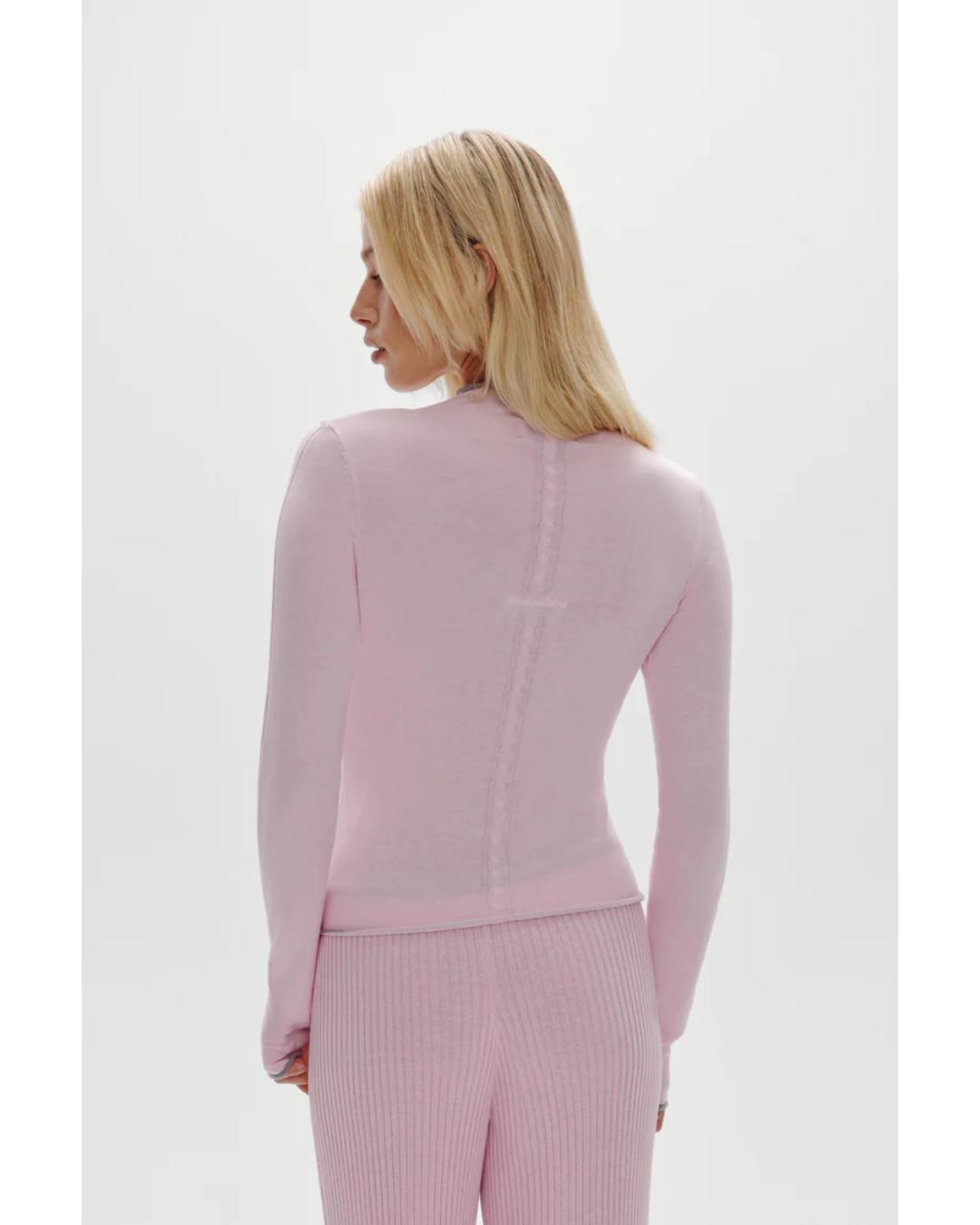 pink button up cardigan with grey on the top and bottom