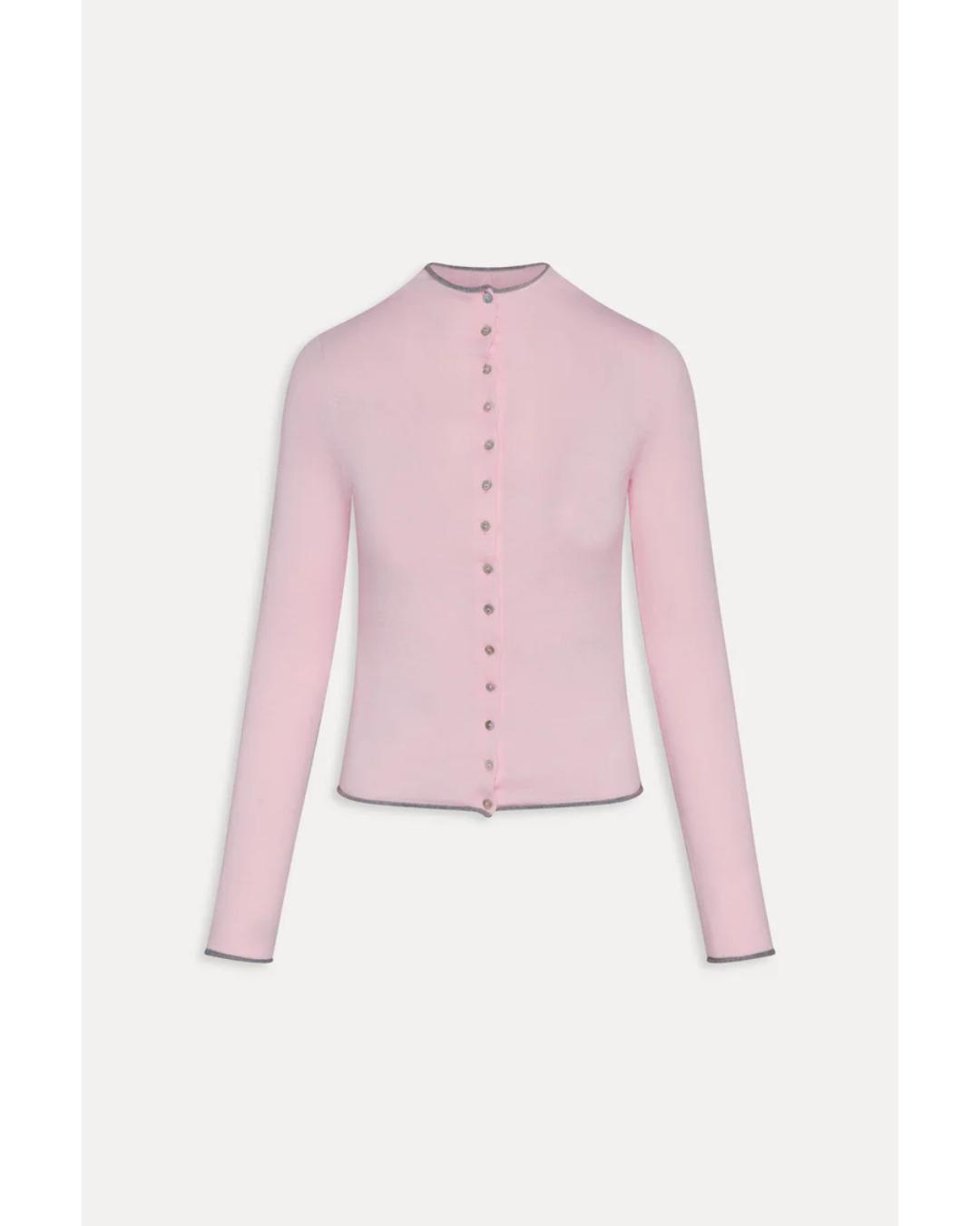 pink button up cardigan with grey on the top and bottom