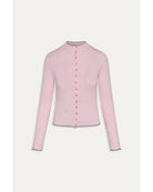 pink button up cardigan with grey on the top and bottom