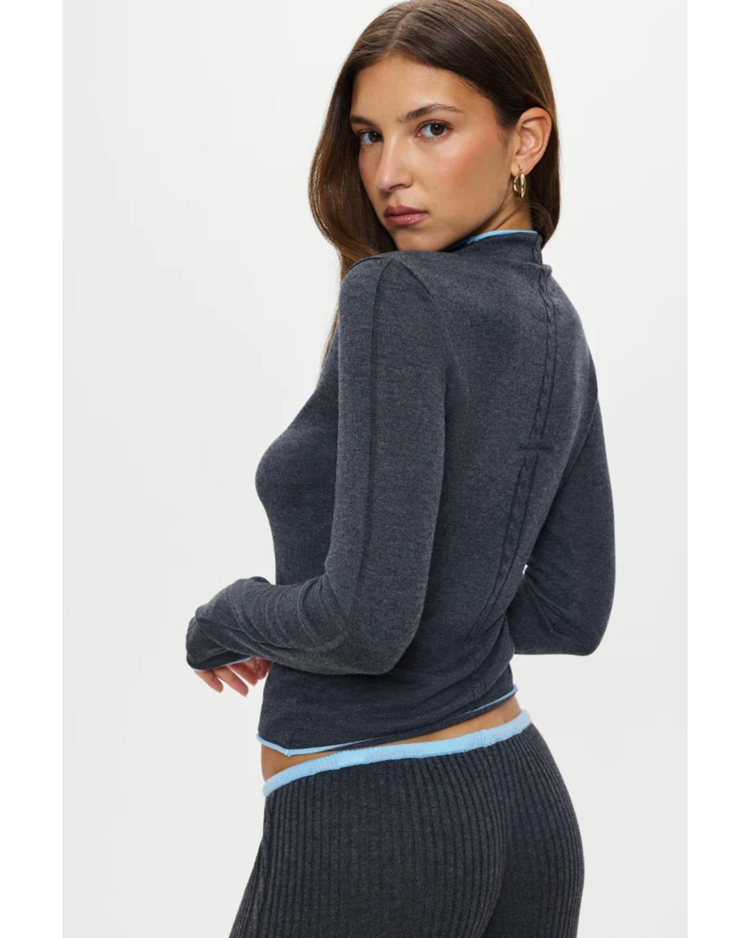 grey button up cardigan with blue details on the top and bottom