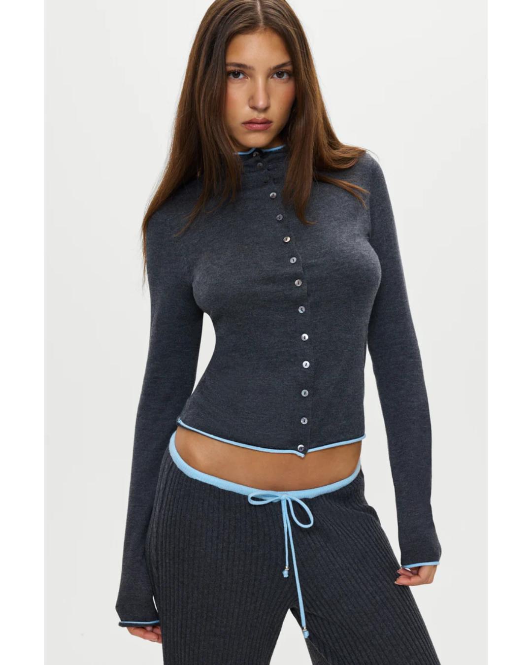 grey button up cardigan with blue details on the top and bottom