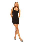 mini black dress with white stitching on the edges 
